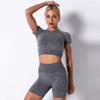 Women Seamless Yoga Outfits 2 Piece Workout Set Short Sleeve Crop Top High Waisted Biker Shorts Stretch Tummy Control Yoga Shorts Fitness Athletic Running Gym Clothes Activewear Tracksuit Gray Large view 3