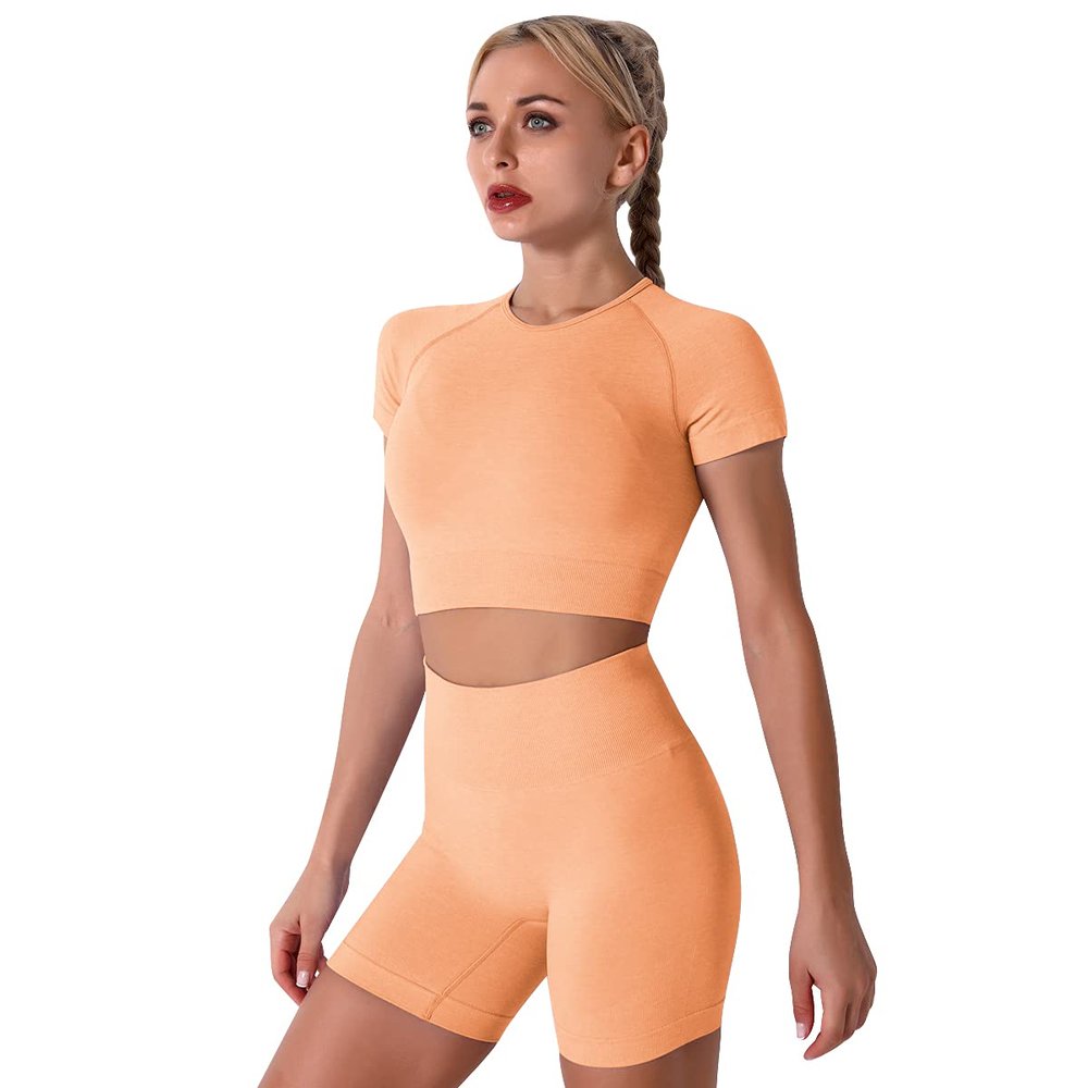 Women Seamless Yoga Outfits 2 Piece Workout Set Short Sleeve Crop Top High Waisted Biker Shorts Stretch Tummy Control Yoga Shorts Sport Fitness Athletic Running Activewear Tracksuit Orange Large