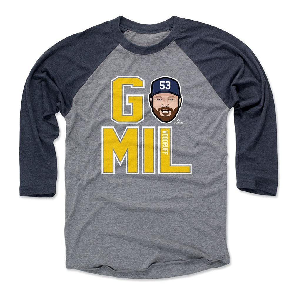 500 LEVEL Brandon Woodruff 3/4 Sleeve T-Shirt (Baseball Tee, XXX-Large, Navy/Heather Gray) - Brandon Woodruff GO MIL WHT