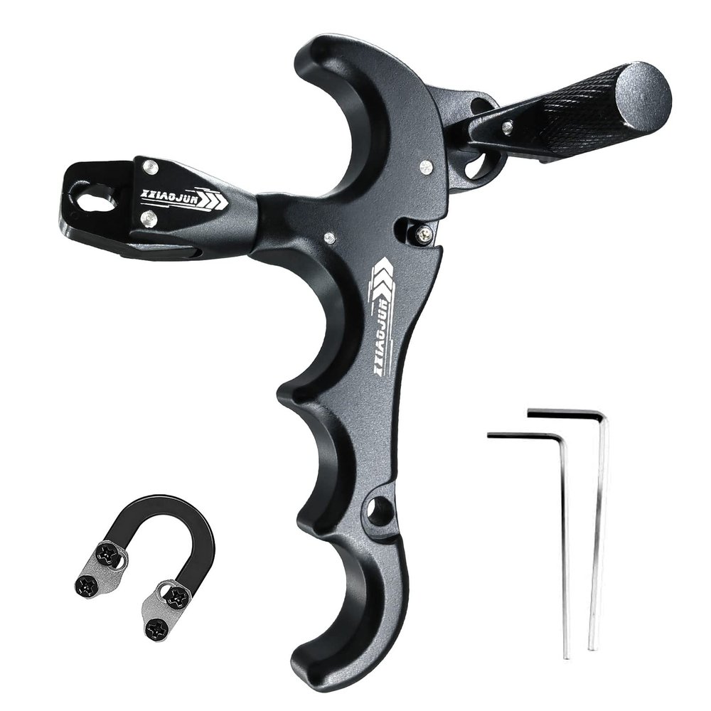 xxiaojun Compound Bow Aid Releaser and D Loop RopeAdjustable Can Rotate 360 Thumb Release Bow Aluminum Alloy AidsArchery Release Aids (4 Fingers-Bow Release -Black)