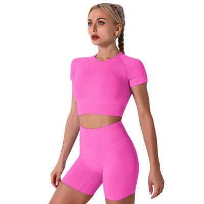 Women Seamless Yoga Outfits 2 Piece Workout Set Short Sleeve Crop Top High Waisted Sport Shorts set Stretch Tummy Control Yoga Shorts Fitness Gym Athletic Running Activewear Tracksuit Hot Pink L