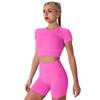 Women Seamless Yoga Outfits 2 Piece Workout Set Short Sleeve Crop Top High Waisted Sport Shorts set Stretch Tummy Control Yoga Shorts Fitness Gym Athletic Running Activewear Tracksuit Hot Pink L view 1
