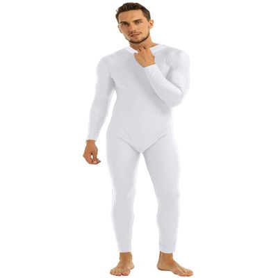 Yeeye Men's One Piece Turtleneck Zipper Leotard Full Bodysuit Stretchy Unitard Costume Dancewear White Medium