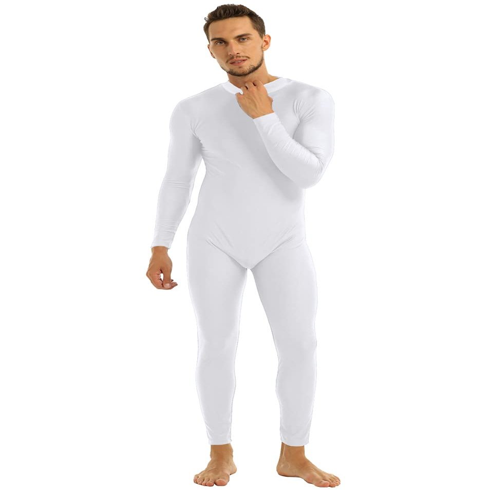 Yeeye Men's One Piece Turtleneck Zipper Leotard Full Bodysuit Stretchy Unitard Costume Dancewear White Medium