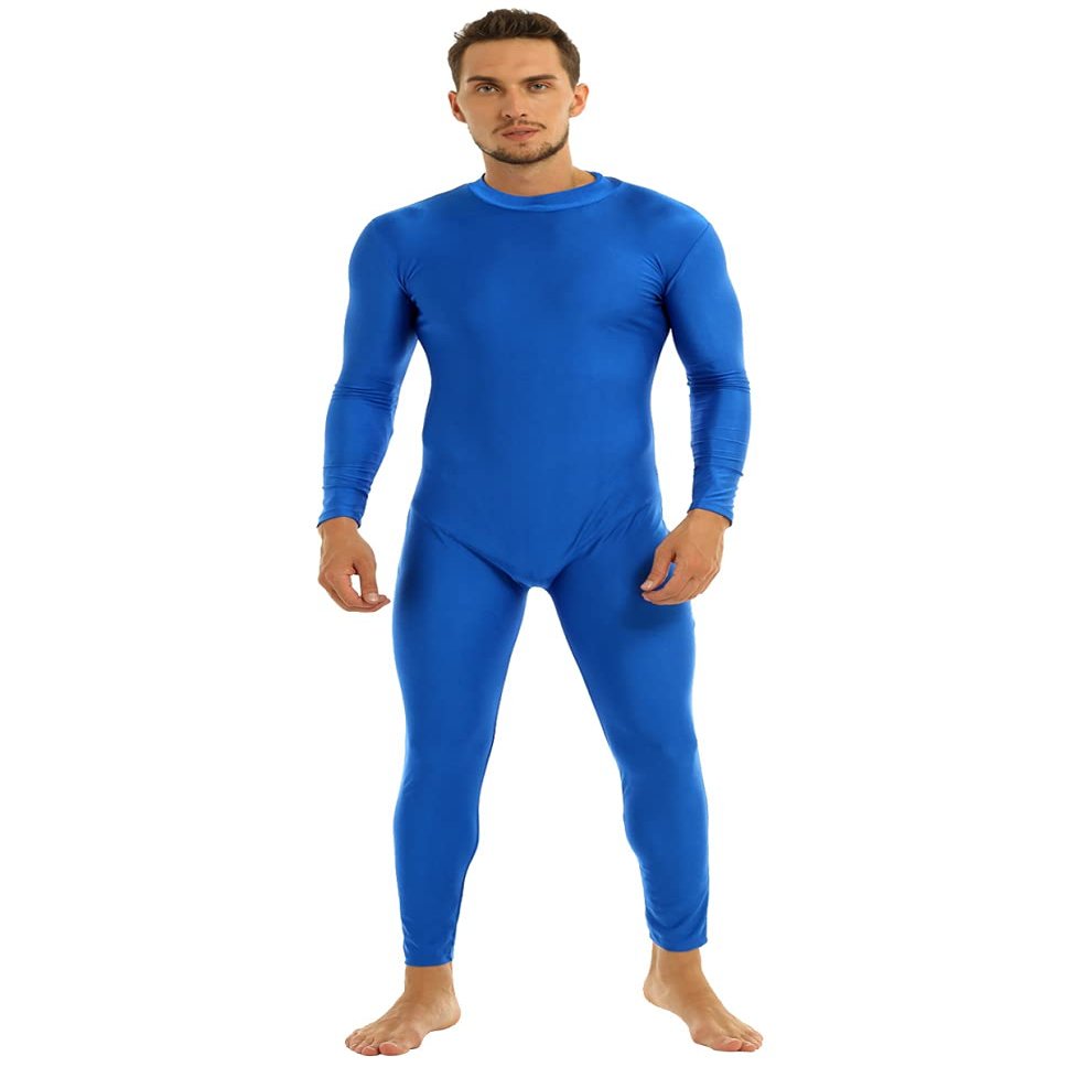 Yeeye Men's One Piece Turtleneck Zipper Leotard Full Bodysuit Stretchy Unitard Costume Dancewear Blue Large