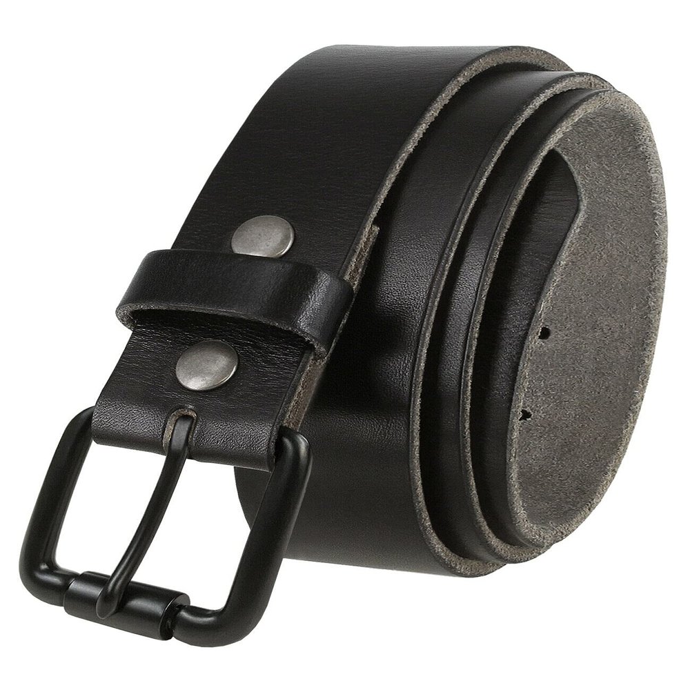 BS040-P3456 One Piece Genuine Full Grain Leather Casual Jean Belt 1-1/2" (38mm) Wide-(Black-Black, 44)