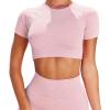 Women Seamless Yoga Outfits 2 Piece Workout Set Short Sleeve Crop Top High Waisted Biker Shorts Stretch Tummy Control Yoga Shorts Fitness Athletic Running Gym Clothes Activewear Tracksuit Pink Large view 1