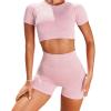 Women Seamless Yoga Outfits 2 Piece Workout Set Short Sleeve Crop Top High Waisted Biker Shorts Stretch Tummy Control Yoga Shorts Fitness Athletic Running Gym Clothes Activewear Tracksuit Pink Large view 2