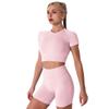 Women Seamless Yoga Outfits 2 Piece Workout Set Short Sleeve Crop Top High Waisted Biker Shorts Stretch Tummy Control Yoga Shorts Fitness Athletic Running Gym Clothes Activewear Tracksuit Pink Large view 4