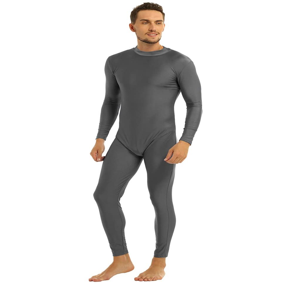 Yeeye Men's One Piece Turtleneck Zipper Leotard Full Bodysuit Stretchy Unitard Costume Dancewear Grey Medium