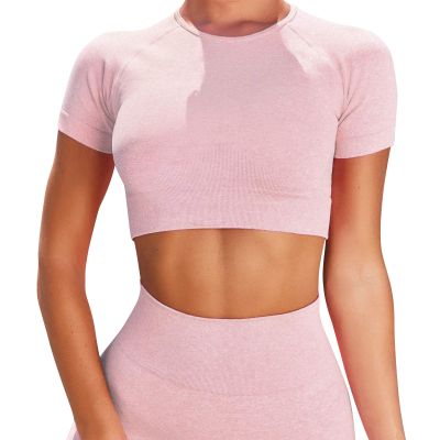Women Seamless Yoga Outfits 2 Piece Workout Set Short Sleeve Crop Top High Waisted Biker Shorts Stretch Tummy Control Yoga Shorts Fitness Athletic Running Gym Clothes Activewear Tracksuit Pink Medium