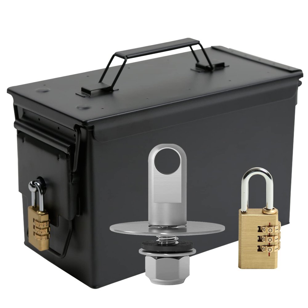 Aolamegs 50 Cal Ammo Can  Locking Hardware Kit and Stainless Steel PadlockAmmo Box Military & Army M2A1 (50cal Ammo Can Black with Pre-Installed Locking Hardware and 1 Combination Padlock)