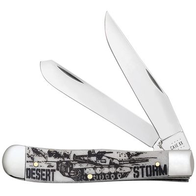 Case XX WR POCKET KNIFE TRAPPER - DESERT STORM - EMBELLISHED SMOOTH NATURAL BONE, ITEM 50953, LENGTH CLOSED 4 1/8 INCH (6254 SS)