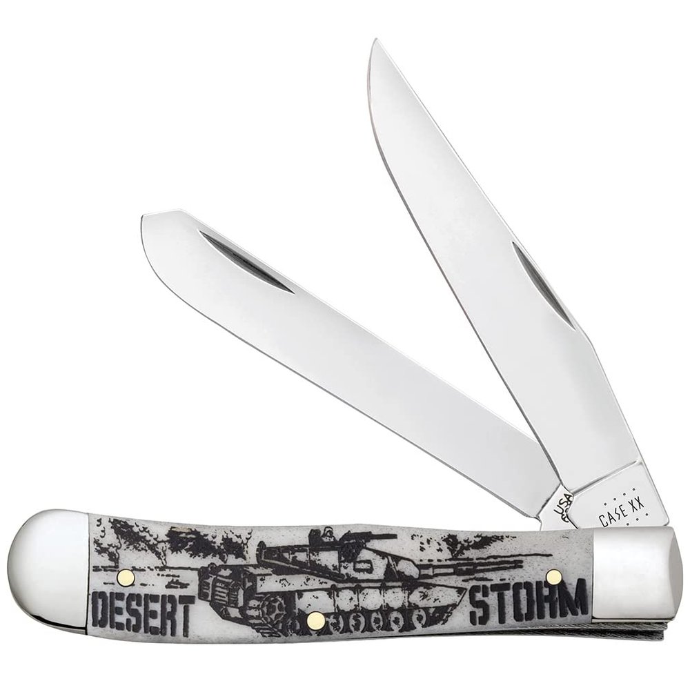 Case XX WR POCKET KNIFE TRAPPER - DESERT STORM - EMBELLISHED SMOOTH NATURAL BONE, ITEM 50953, LENGTH CLOSED 4 1/8 INCH (6254 SS)