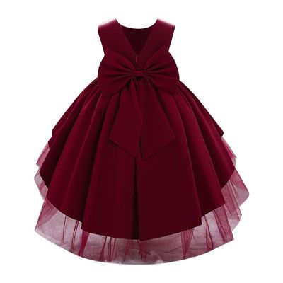 Flower Toddler Baby Girls Dress Formal Bowknot Tutu Backless Ruffle Puffy Tulle Gowns Princess Wedding Communion Christening Baptism Pageant Birthday Lace Party Wear Wine Red 4-5T