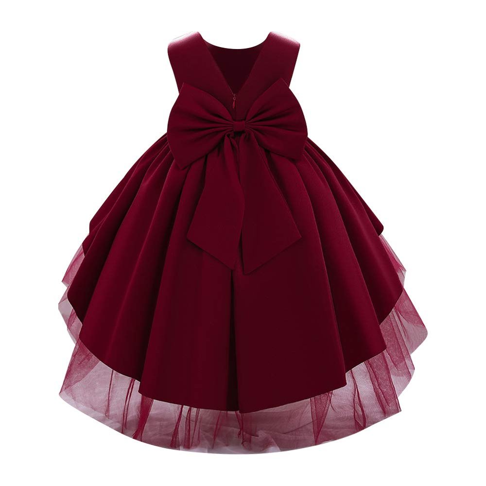 Flower Toddler Baby Girls Dress Formal Bowknot Tutu Backless Ruffle Puffy Tulle Gowns Princess Wedding Communion Christening Baptism Pageant Birthday Lace Party Wear Wine Red 4-5T