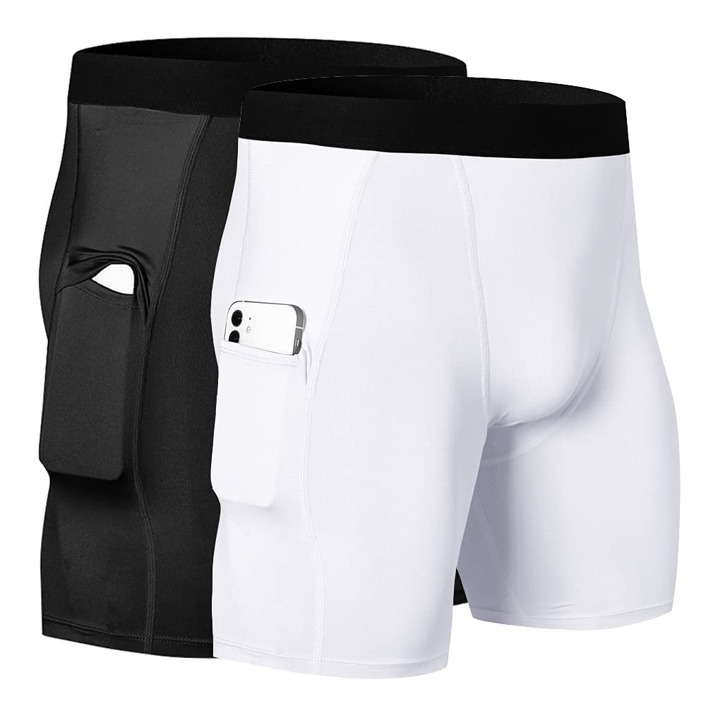 WRAGCFM Mens Compression Shorts Pack,Men's Running Athletic Compression Shorts Underwear for Men with Phone Pockets Workout Active Sports Gym Compression Shorts Quick Dry(Black+White,M)
