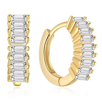 18K Gold Plated Baguette CZ Hoop Earrings | Sterling Silver Small Gold Hoops 10mm | Everyday Minimalist Earlobe or Cartilage Second Hole Earrings
