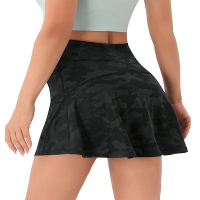 PERSIT Womens Tennis Golf Skirts Athletic Pleated High Waisted Skorts with Pockets for Workout Sports Running - Deep Grey Camo - S