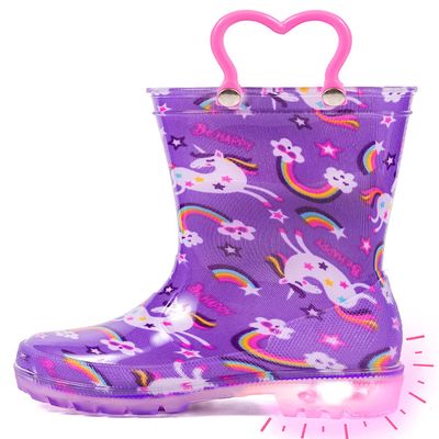 Outee Toddler Girls Rain Boots Little Kids Baby Light Up Printed Waterproof Mud Insulated Shoes Unicorn Rainbow Lightweight Rubber Adorable with Easy-On Handles Non Slip (Size 6,Purple)