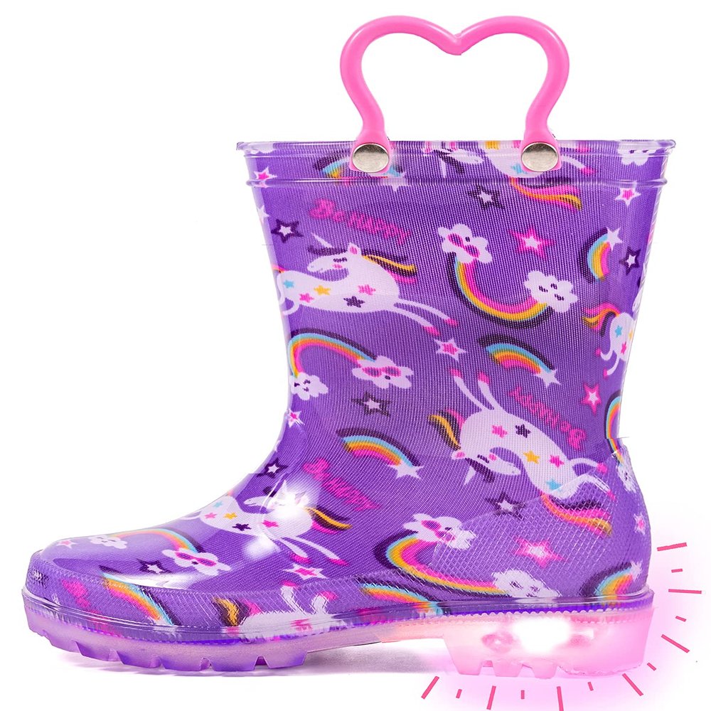 Outee Toddler Girls Rain Boots Little Kids Baby Light Up Printed Waterproof Mud Insulated Shoes Unicorn Rainbow Lightweight Rubber Adorable with Easy-On Handles Non Slip (Size 6,Purple)
