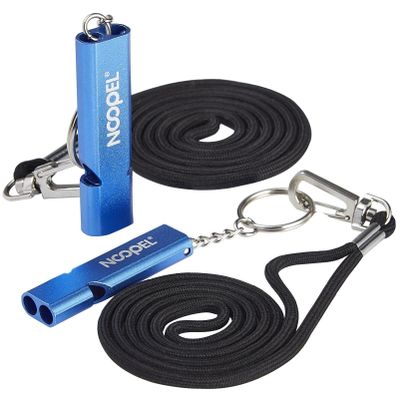 Noopel Emergency Whistles Lifeguard Safety Whistle with Lanyard and Keychain for Outdoor Camping Hiking Boating Hunting Fishing Kayak Kids Rescue Signaling Loud Survival Whistle (2 Pack Blue)