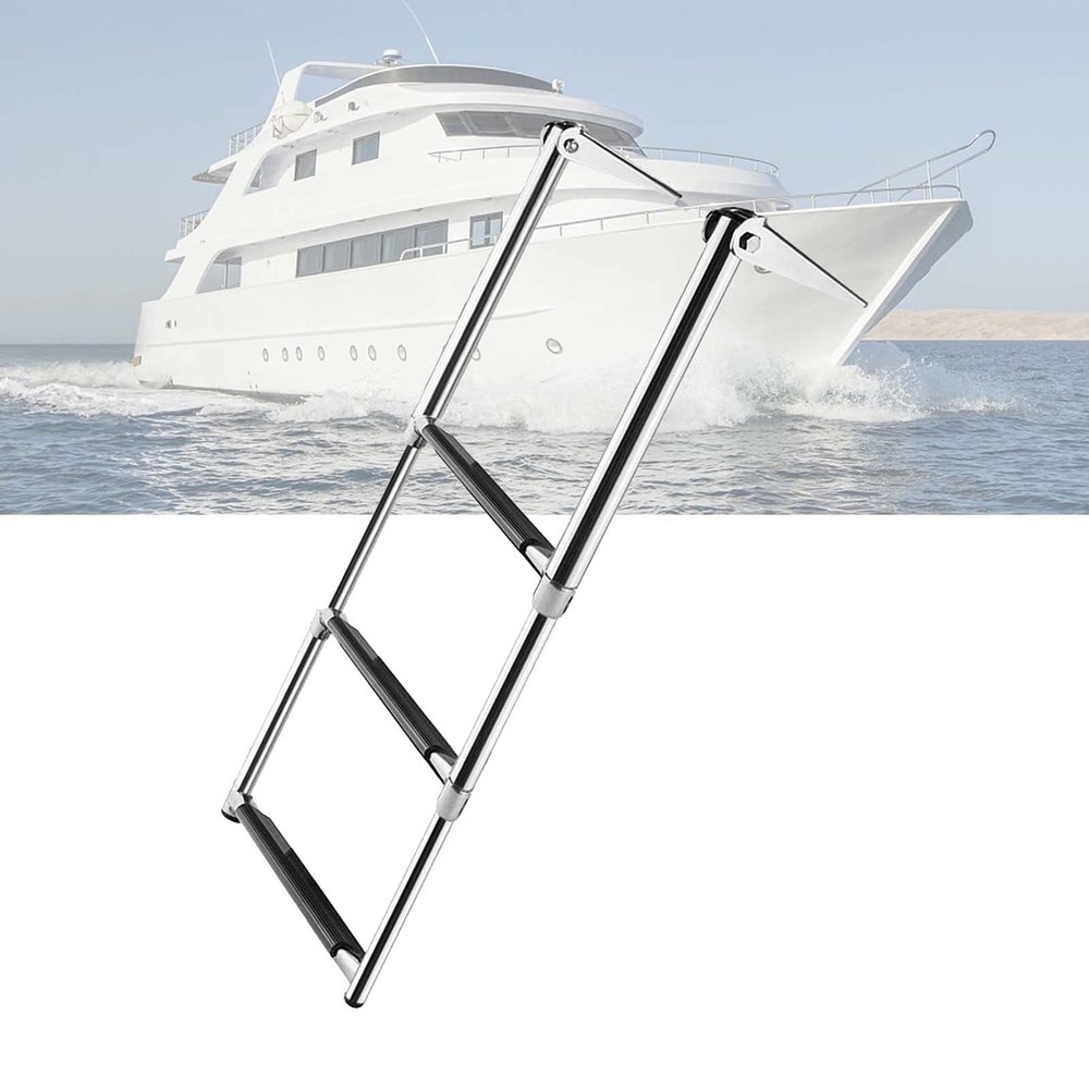JLXJ 3 Step Swim Step Ladder, Pontoon Extension Folding Boat Ladder, Stainless Steel Telescopic Marine Ladders, for Dock/Outboard/Fishing Boat