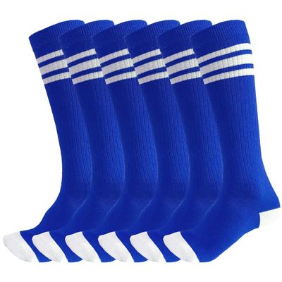 3 Pairs of juDanzy Knee High Boys or Girls Stripe Tube Socks for Soccer, Basketball, Uniform and Everyday Wear (10-15 Years, Blue With White Stripes(3 Pairs))