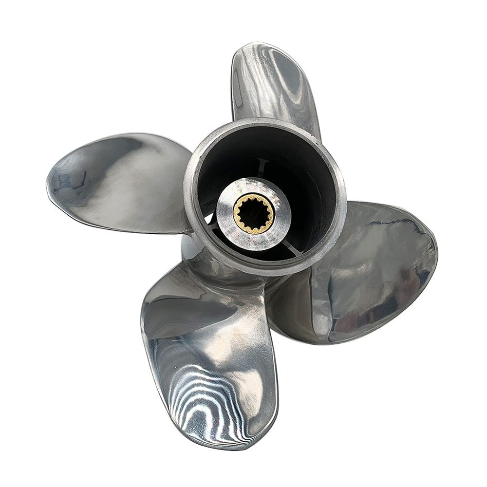 ARKDOZA 4 Blade 15-35HP 14 Spline Tooth RH SS Prop High Polished Stainless Steel Outboard Propeller for BRP Johnson Evinrude OMC Stern Drive Motor Engine with Rubber hub (9.9"(Dia) x10(Pitch), Right)
