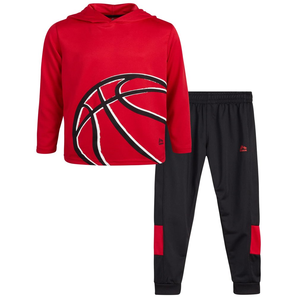 RBX Boys Jogger Set - 2 Piece Pullover Thermal Boys Hoodie & Tricot Jogger Pants - Athletic Sweatsuit Outfit (Sizes 8-12), Size 10, Red Basketball