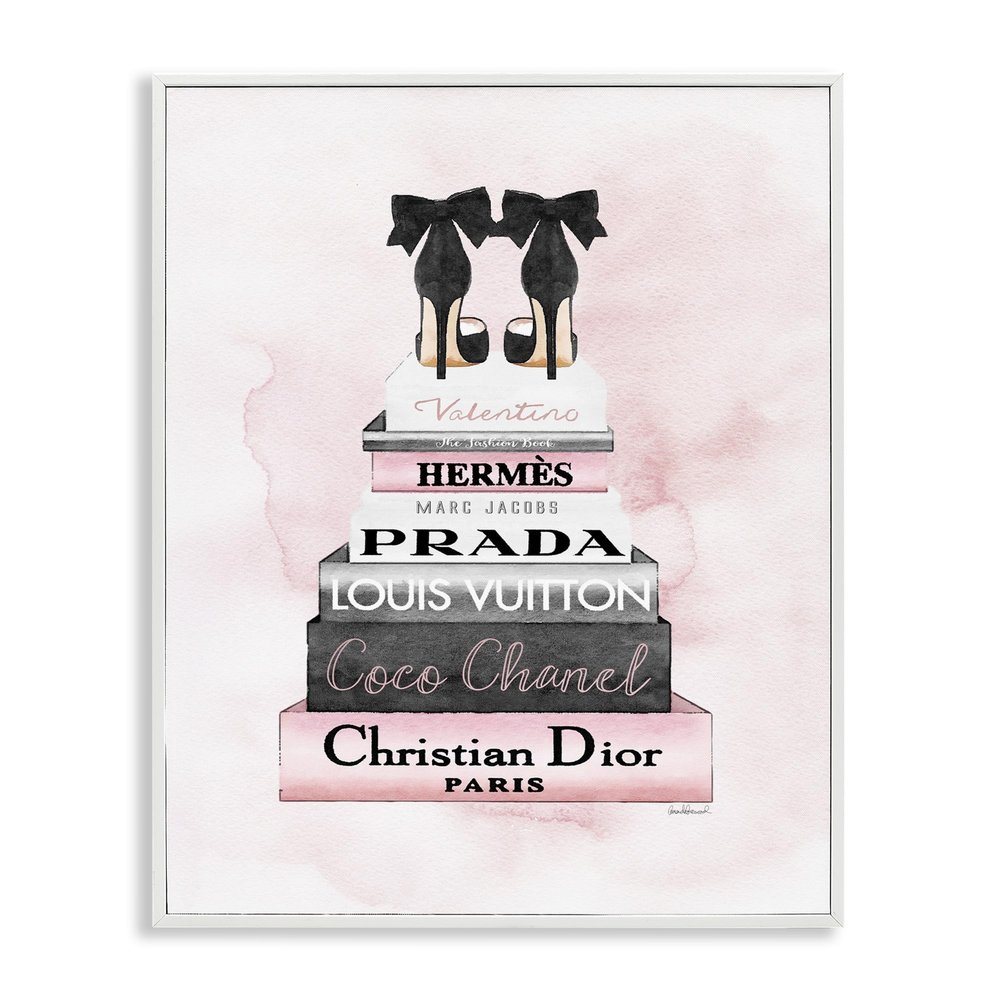 Stupell Industries Black Heels Pink Silver Bookstack Glam Fashion, Design by Amanda Greenwood White Framed Wall Art, 16 x 20