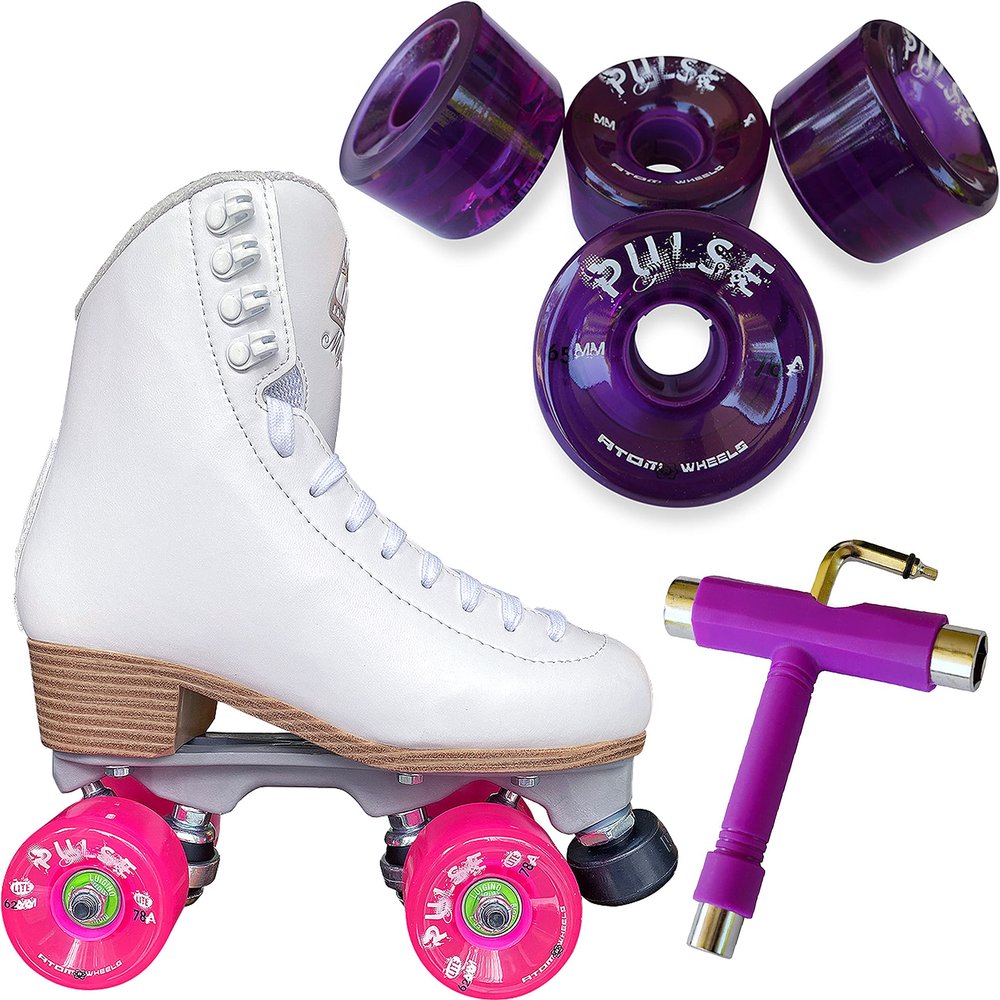 Atom Skates Jackson Mystique Viper/Nylon Plate/Size: Women's Adult 6 Bundle with Purple Atom Pulse Wheels and Tool