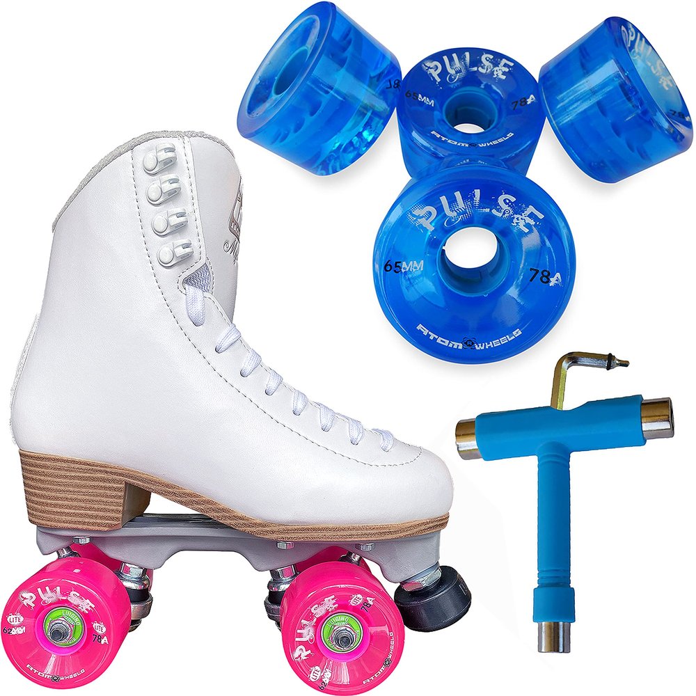 Atom Skates Jackson Mystique Viper/Nylon Plate/Size: Women's Adult 9 Bundle with Blue Atom Pulse Wheels and Tool