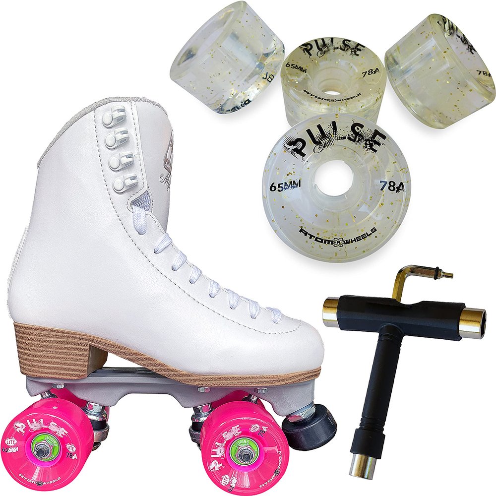 Atom Skates Jackson Mystique Viper/Nylon Plate/Size: Women's Adult 8 Bundle with Glitter Clear Atom Pulse Wheels and Tool