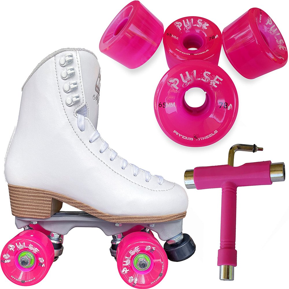 Atom Skates Jackson Mystique Viper/Nylon Plate/Size: Women's Adult 7 Bundle with Pink Atom Pulse Wheels and Tool