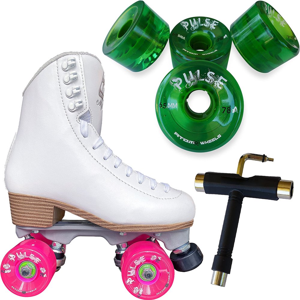 Atom Skates Jackson Mystique Viper/Nylon Plate/Size: Women's Adult 5 Bundle with Green Atom Pulse Wheels and Tool