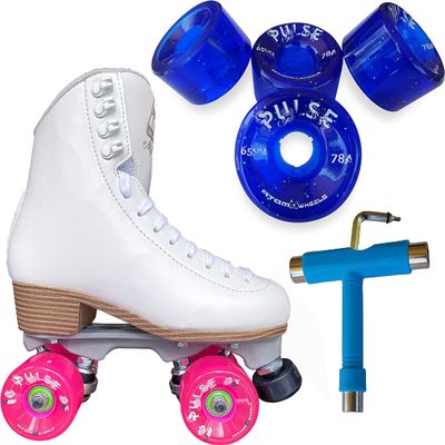 Atom Skates Jackson Mystique Viper/Nylon Plate/Size: Women's Adult 5 Bundle with Glitter Blue Atom Pulse Wheels and Tool