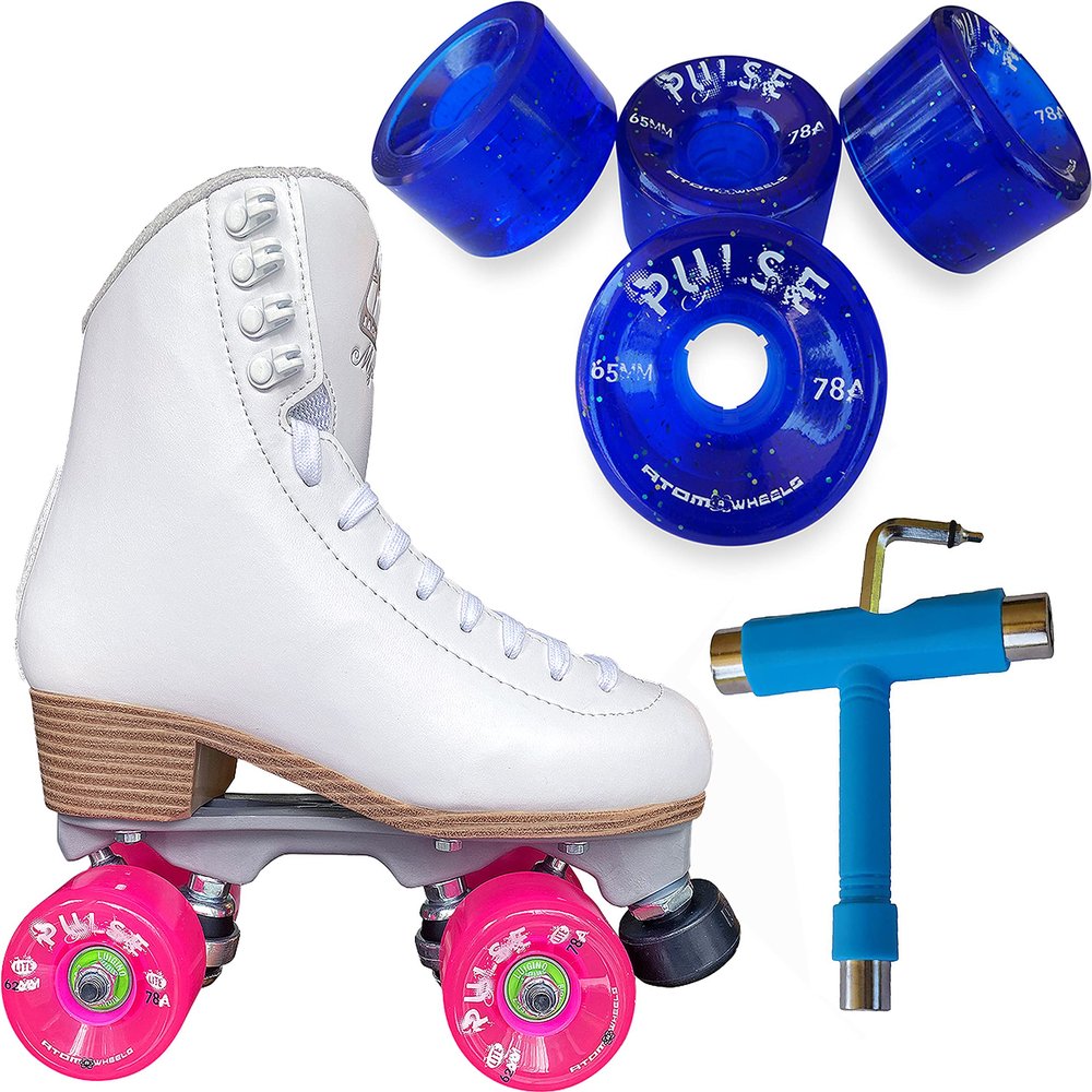 Atom Skates Jackson Mystique Viper/Nylon Plate/Size: Women's Adult 5 Bundle with Glitter Blue Atom Pulse Wheels and Tool
