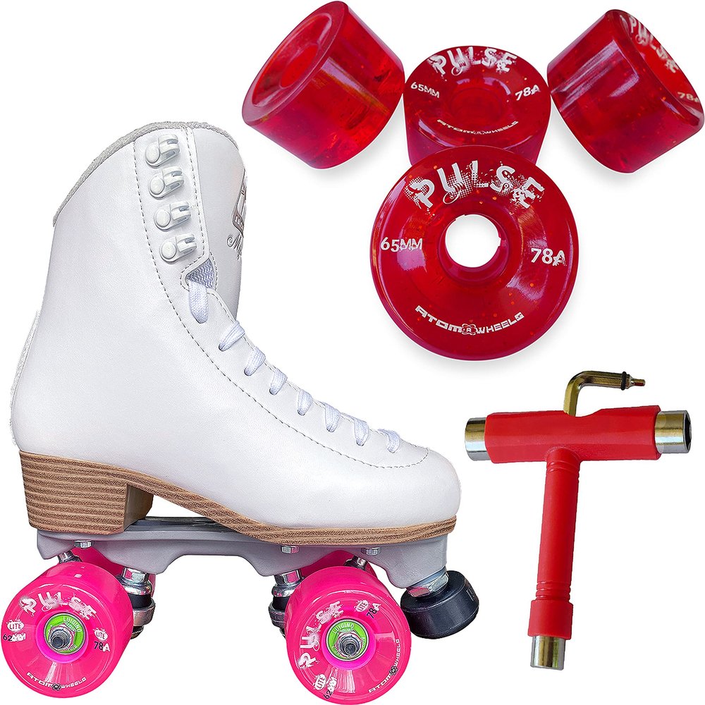Atom Skates Jackson Mystique Viper/Nylon Plate/Size: Women's Adult 8 Bundle with Glitter Red Atom Pulse Wheels and Tool