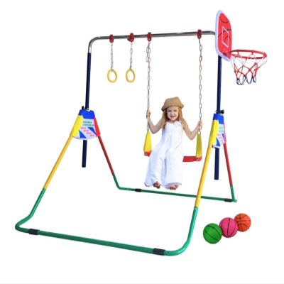 Gymnastics Bar for Kids Expandable Kip Bar 4 in 1 Set with Swing Seat, Trapeze Rings, Basketball Net, Gymnastic Horizontal Bar Monkey Bar Jungle Gym Junior Training Gymnasts Balance Bar Playground