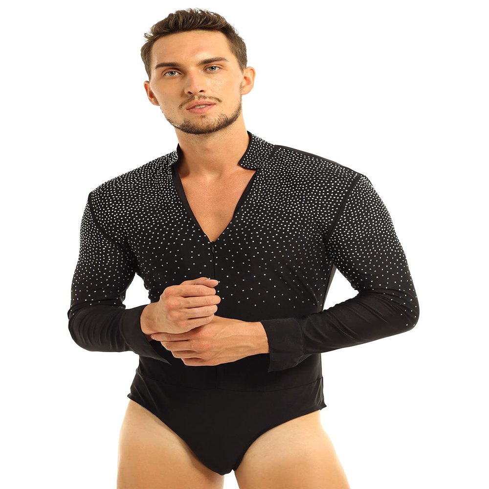 Yeeye Men's Sparkle Rhinestones V Neck Tango Dance Leotard Shirt Bodysuit Zipper Ballet Dancewear Black Large