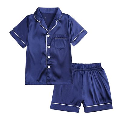 MYGBCPJS 2Pcs Boys Girls Satin Pajamas Set Button-Down Classic Silk Pjs Sleepwear Short Sleeve Top + Shorts Loungewear