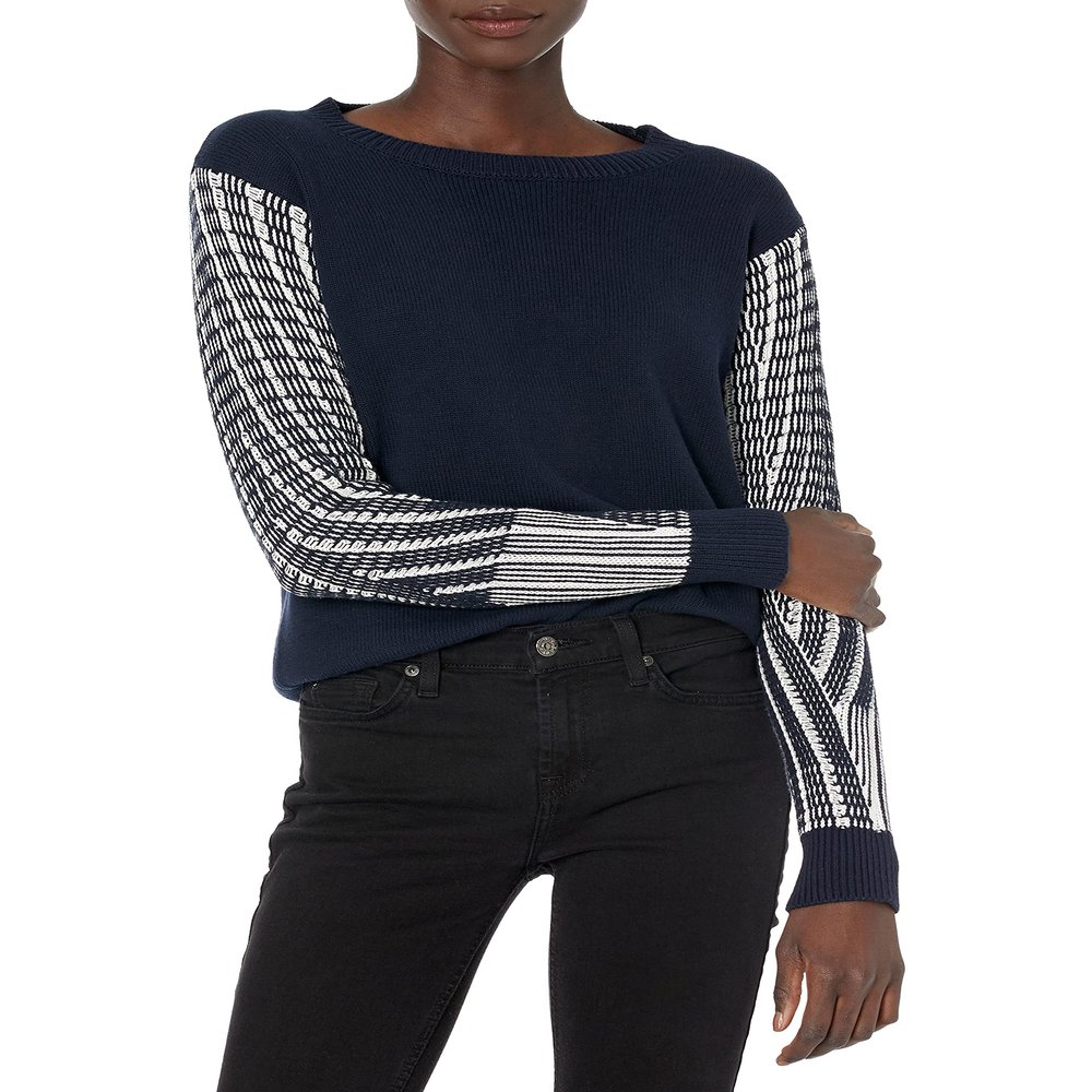 Cable Stitch Women's Contrast-Sleeve Cotton Sweater - Crewneck Long Sleeve Knitted Pullover Top (X-Small, Wave Navy)