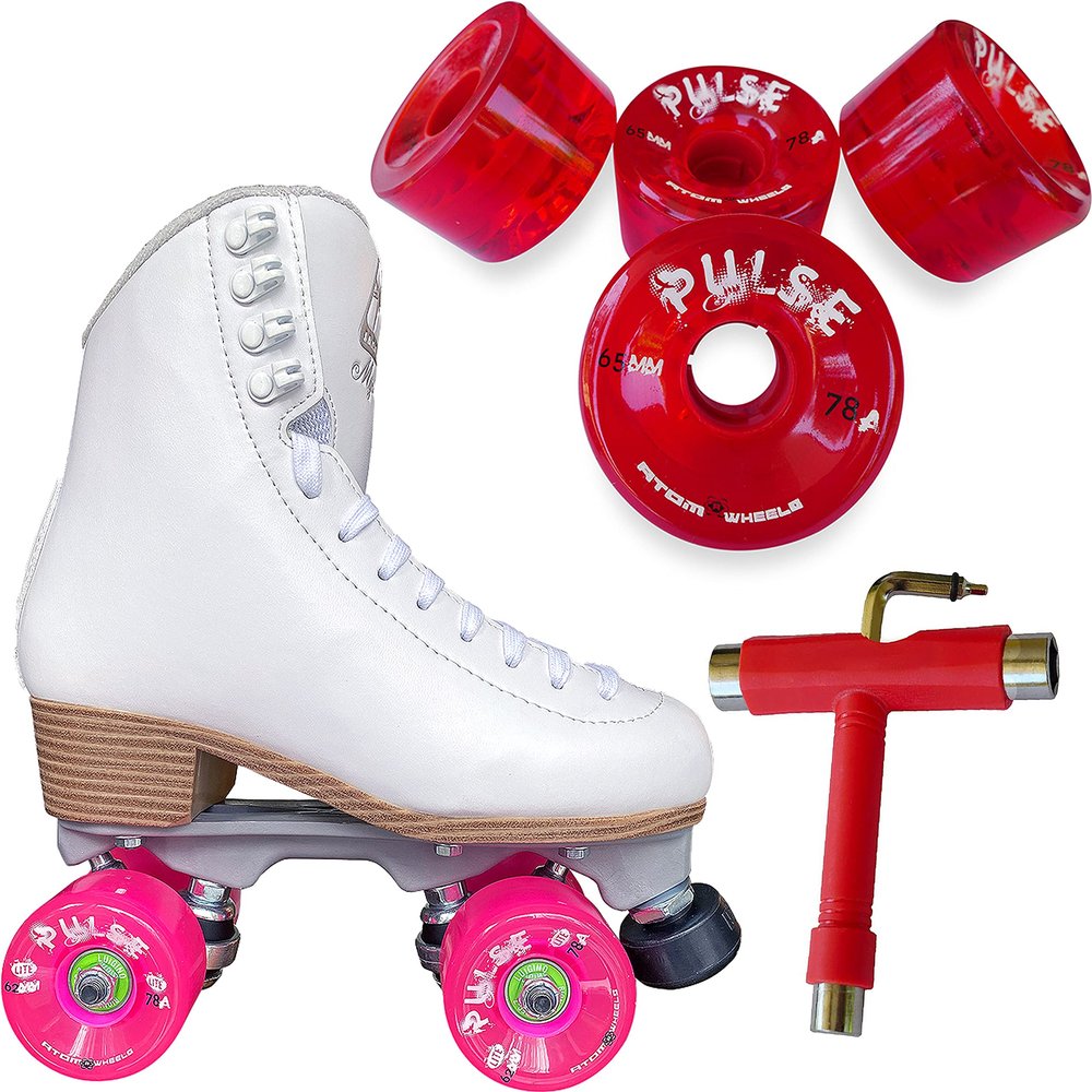 Atom Skates Jackson Mystique Viper/Nylon Plate/Size: Women's Adult 4 Bundle with Red Atom Pulse Wheels and Tool