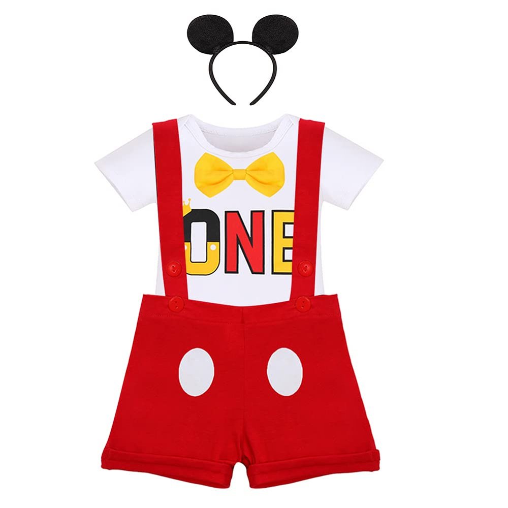 IWEMEK Baby Boys Formal Gentleman Mouse One 1st Birthday Cake Smash Outfit Tuxedo Bow tie Romper Suspenders Short Bib Pants Overalls 3D Ear Headband Halloween Costume Set Polka Dot-red 12-18 Months