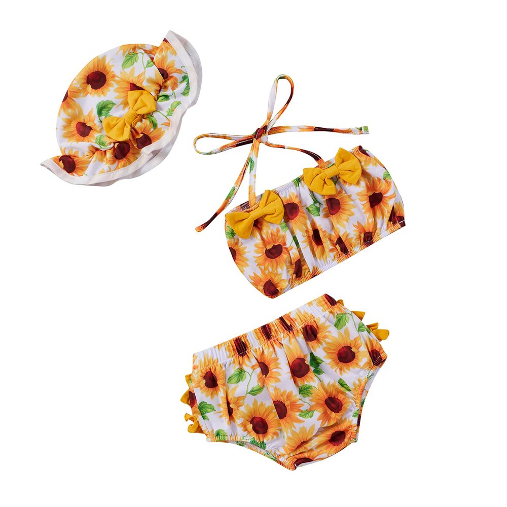 Infant Toddler Baby Girl Swimsuit Bikin Set Sunflower Crop Top Ruffle Short Hat 3Pcs Swimwear Bathing Suit Summer Beach Wear (Yellow, 18-24 Months, 24_Months)