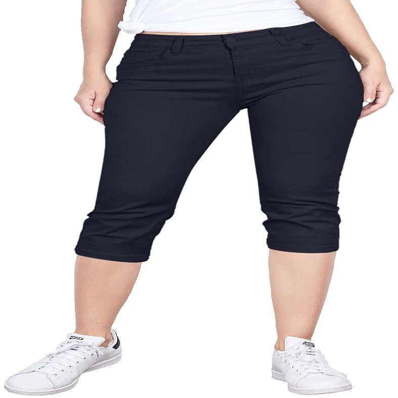 2LUV Women's Stretchy Soft Skinny Easy Fit Stretchy 5 Pocket Mid-Rise Solid Color Classic Skinny Capri Uniform Pants Ultra Stretch Comfy Navy 15
