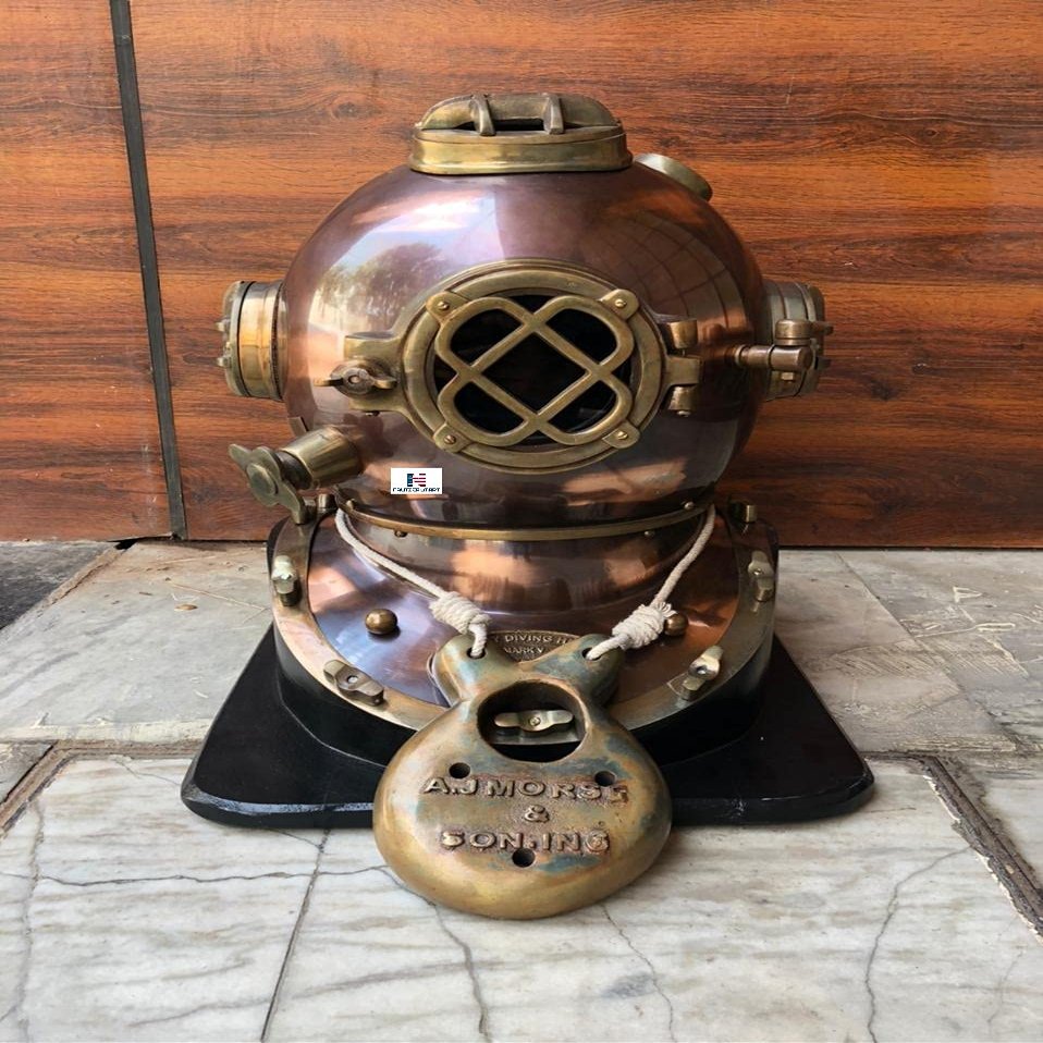 Morse Mark V Diving Divers Helmet Copper & Brass W/Base 18" Maritime Ship's Decorative Helmet