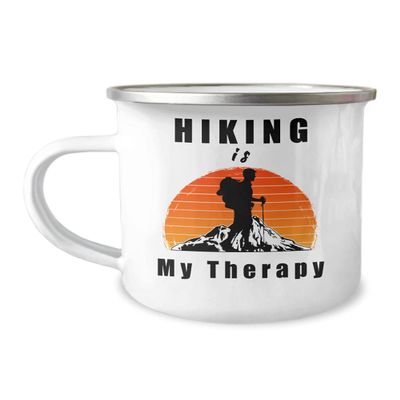 Hiking Is My Therapy Adventure Mug for Hikers, White Enamel Hiking Mug, Mountain Mug for Camper, Hiker, Nature Lover, Outdoor Mug for Hiker