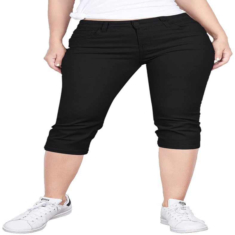 2LUV Women's Stretchy Soft Skinny Easy Fit Stretchy 5 Pocket Mid-Rise Solid Color Classic Skinny Capri Uniform Pants Ultra Stretch Comfy Black 15